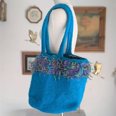 Handcrafted Teal Felted Wool Tote with Colorful Fiber Art Trim