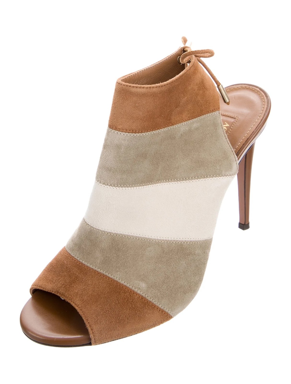 Aquazzura Stripe Suede Slingback Tie Open Toe Sandal Heel 39.5 9.5 Brown Grey
