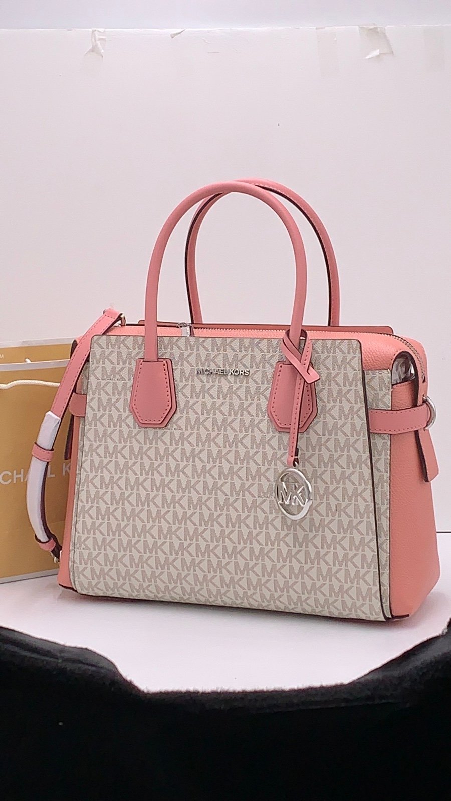 MICHAEL KORS MERCER MEDIUM TOP ZIP BELTED SATCHEL PRIMROSE VANILLA SIGNATURE NWT