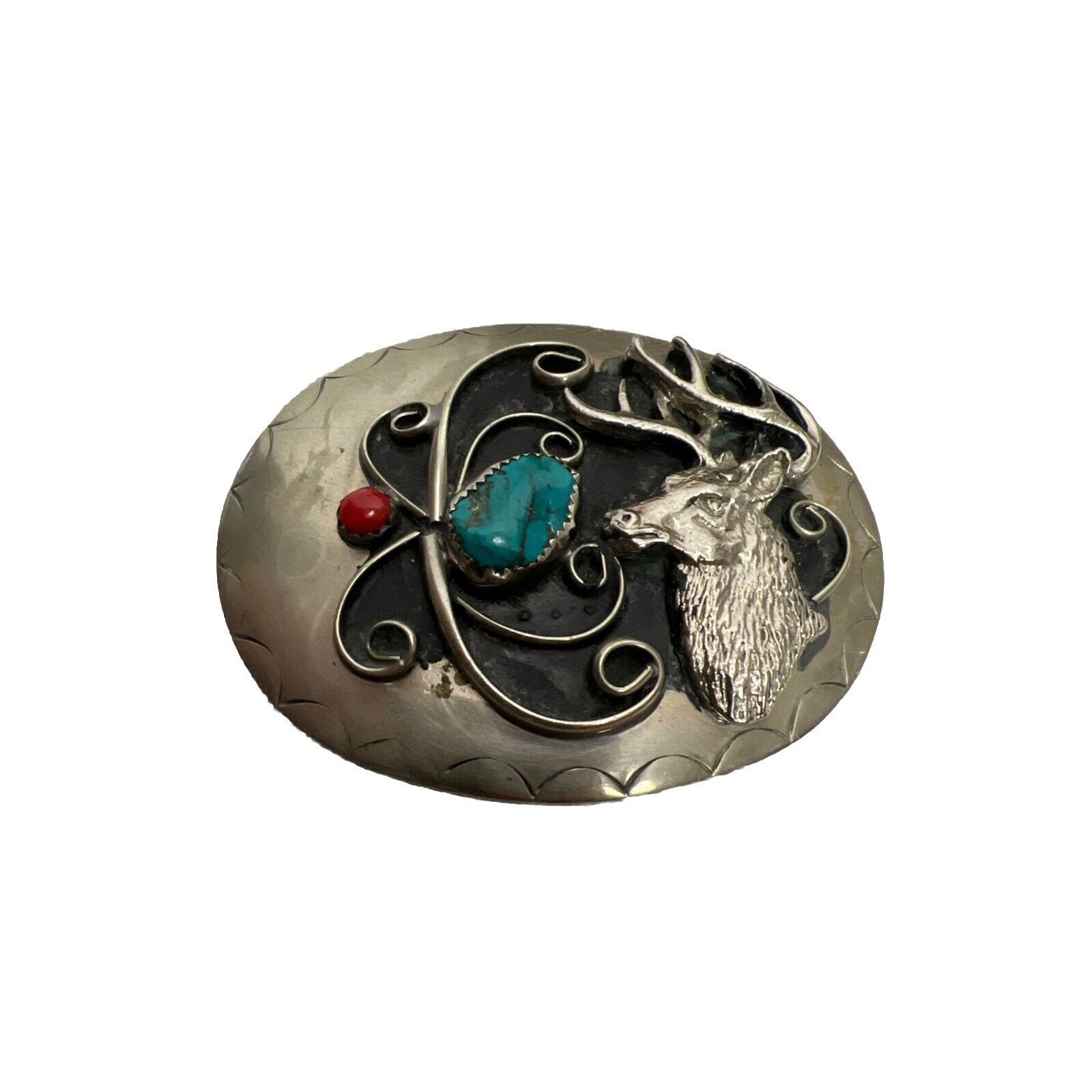 Siskiyou Belt Buckle ~ Turquoise & Red Coral ~ Southwest Navajo Native American