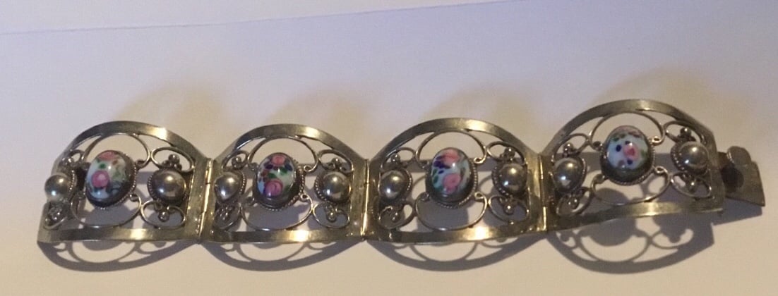Vintage silver plated four panel bracelet with floral porcelain beads