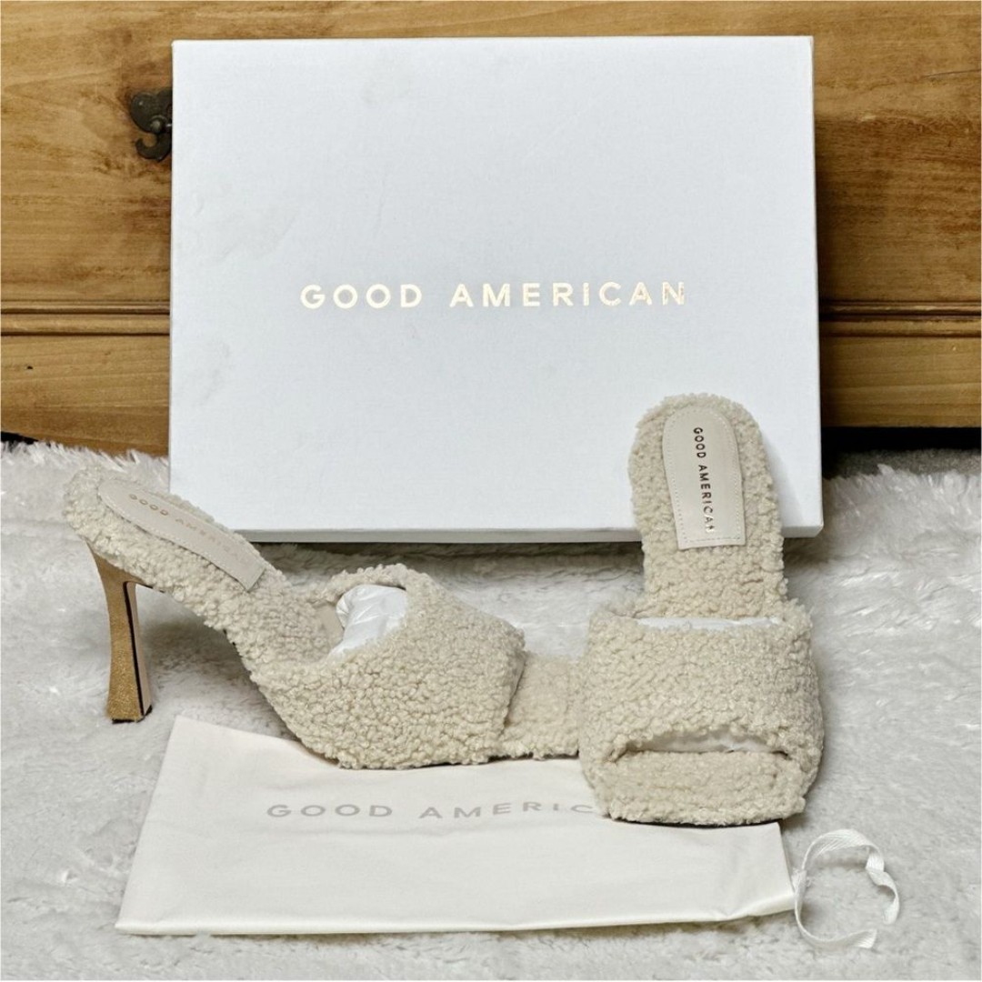 NIB 195 Good American Standout Faux Fur Sherpa Mule Heels Cream Women’s 8.5
