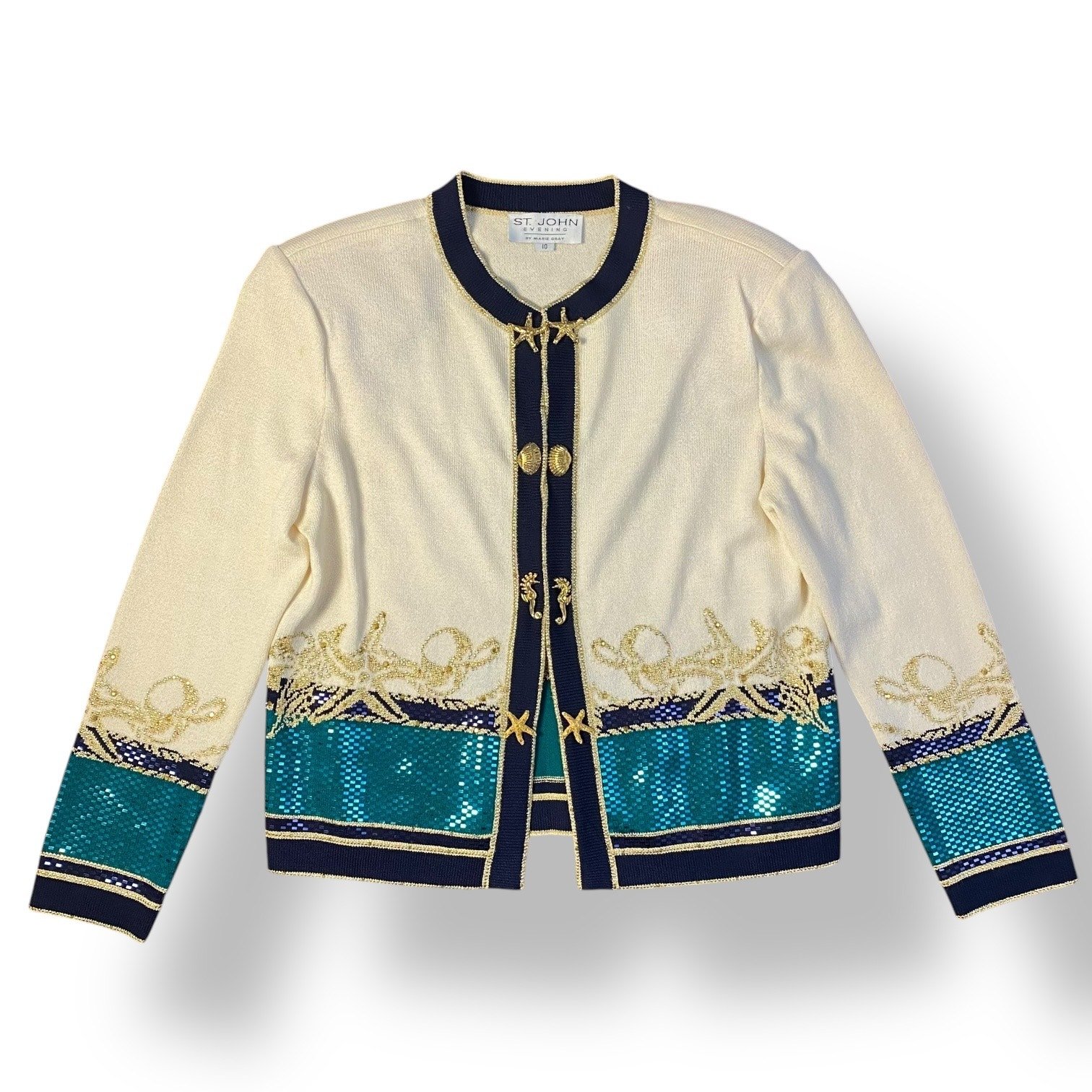 St. John Evening Sequins and Seashells Nautical Knit Sweater Blazer Size 10