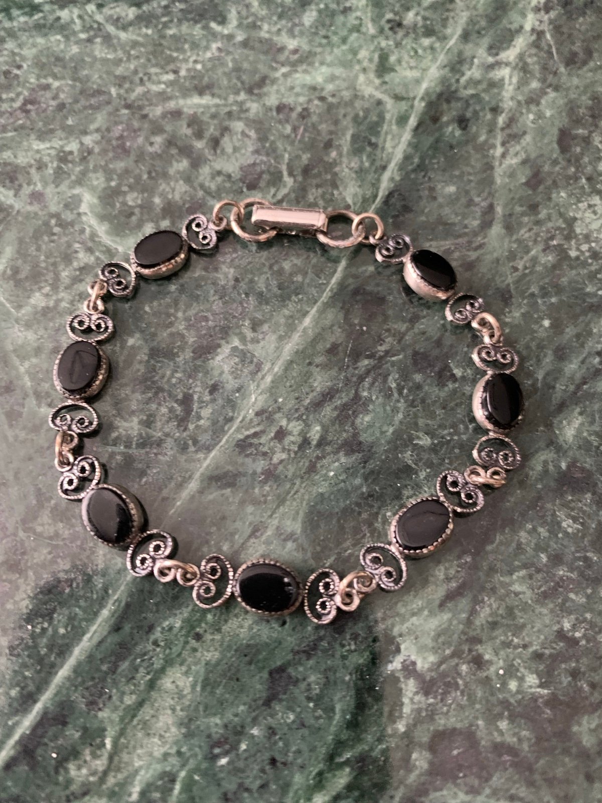 VTG onyx And Sterling Silver Filigree Tennis Link Bracelet 7”