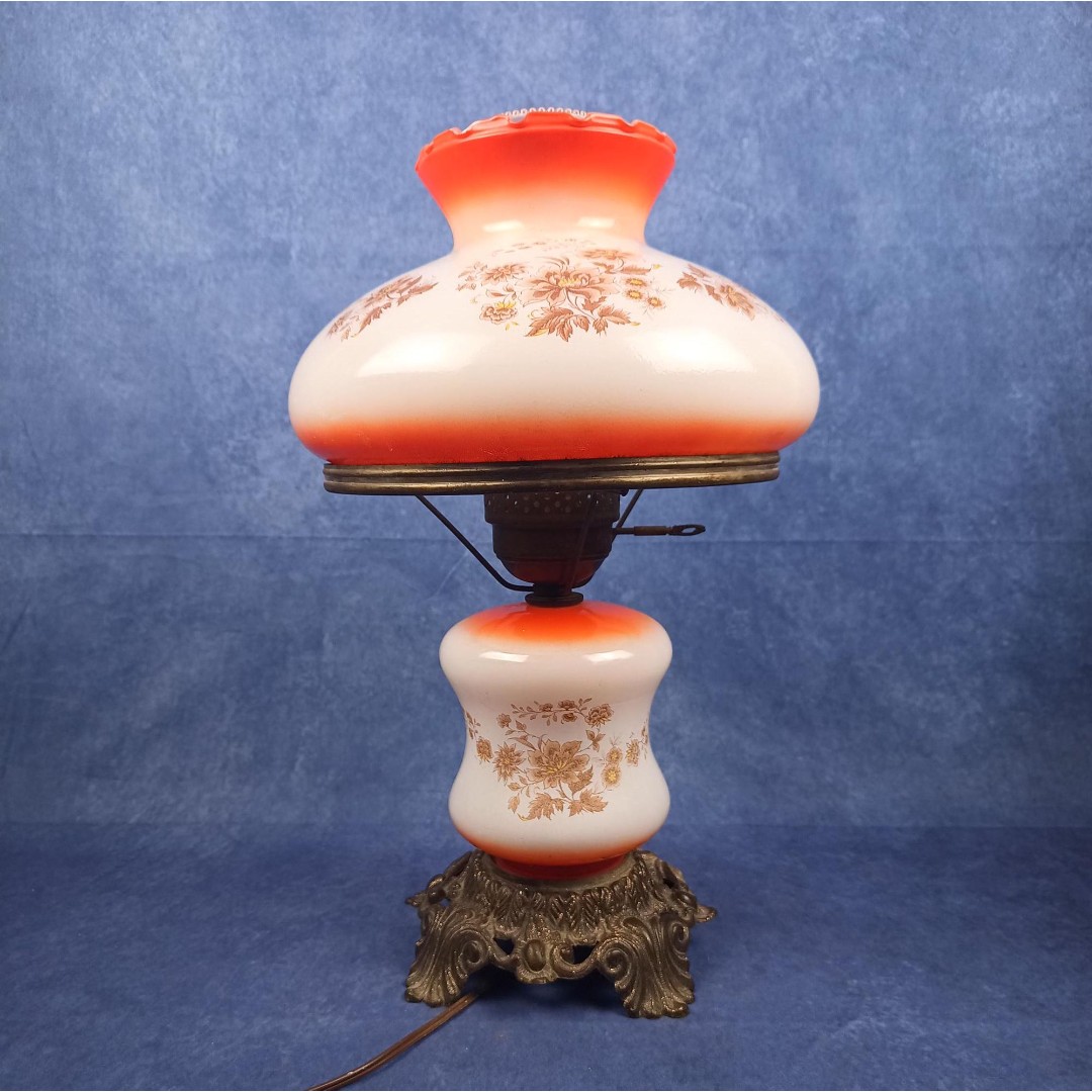 Vintage Hurricane Lamp With Red Flowers Painted On Shades Fully Functioning