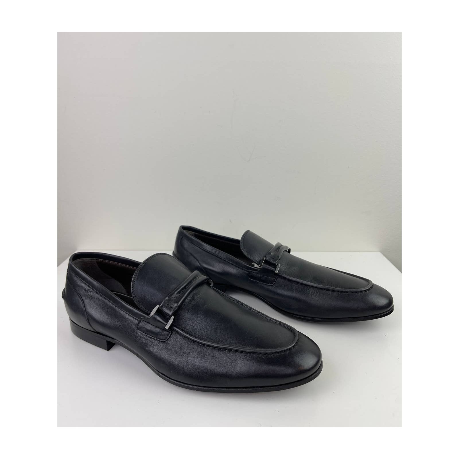 Boss HUGO BOSS Tailored Mens Navy Blue Leather Loafer Shoes Slip On Dress Size 8