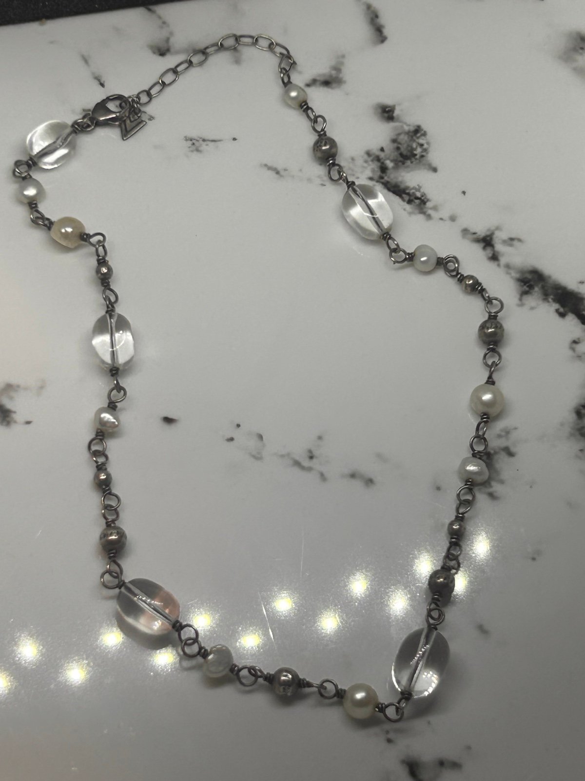 VINTAGE 925 STERLING SILVER GENIUNE PEARL AND GLASS CRYSTAL 18" NECKLACE