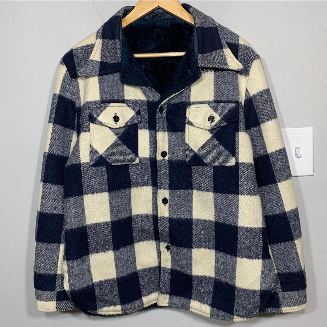 Vintage 70s Wool Button Up Jacket Blue/Cream Buffalo Plaid Faux Fur Lined Medium