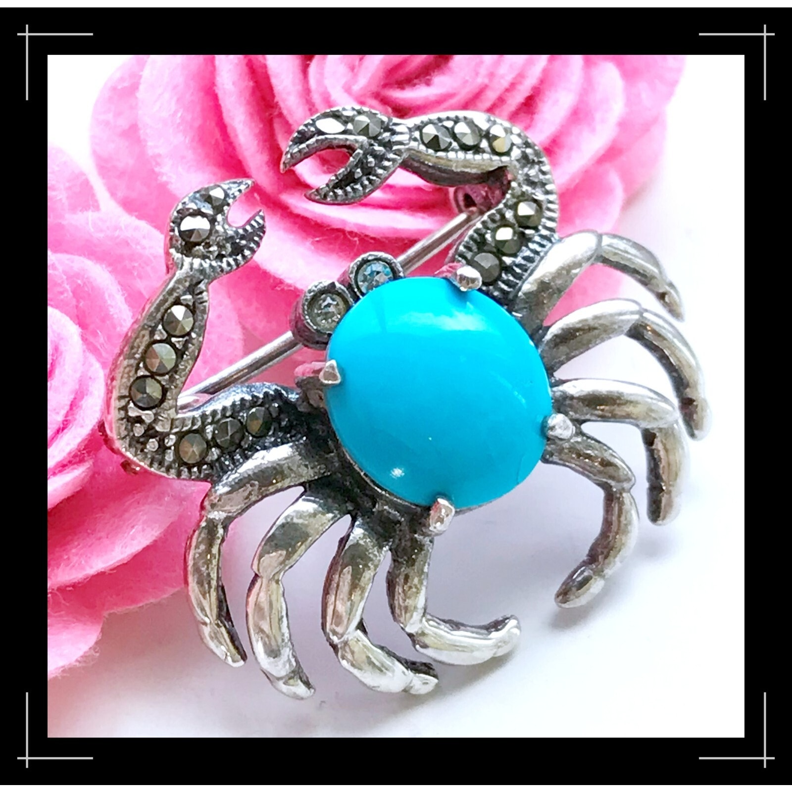 VTG 925 Sterling Silver Marcasite Turquoise White Rhinestone Crystal Crab Brooch