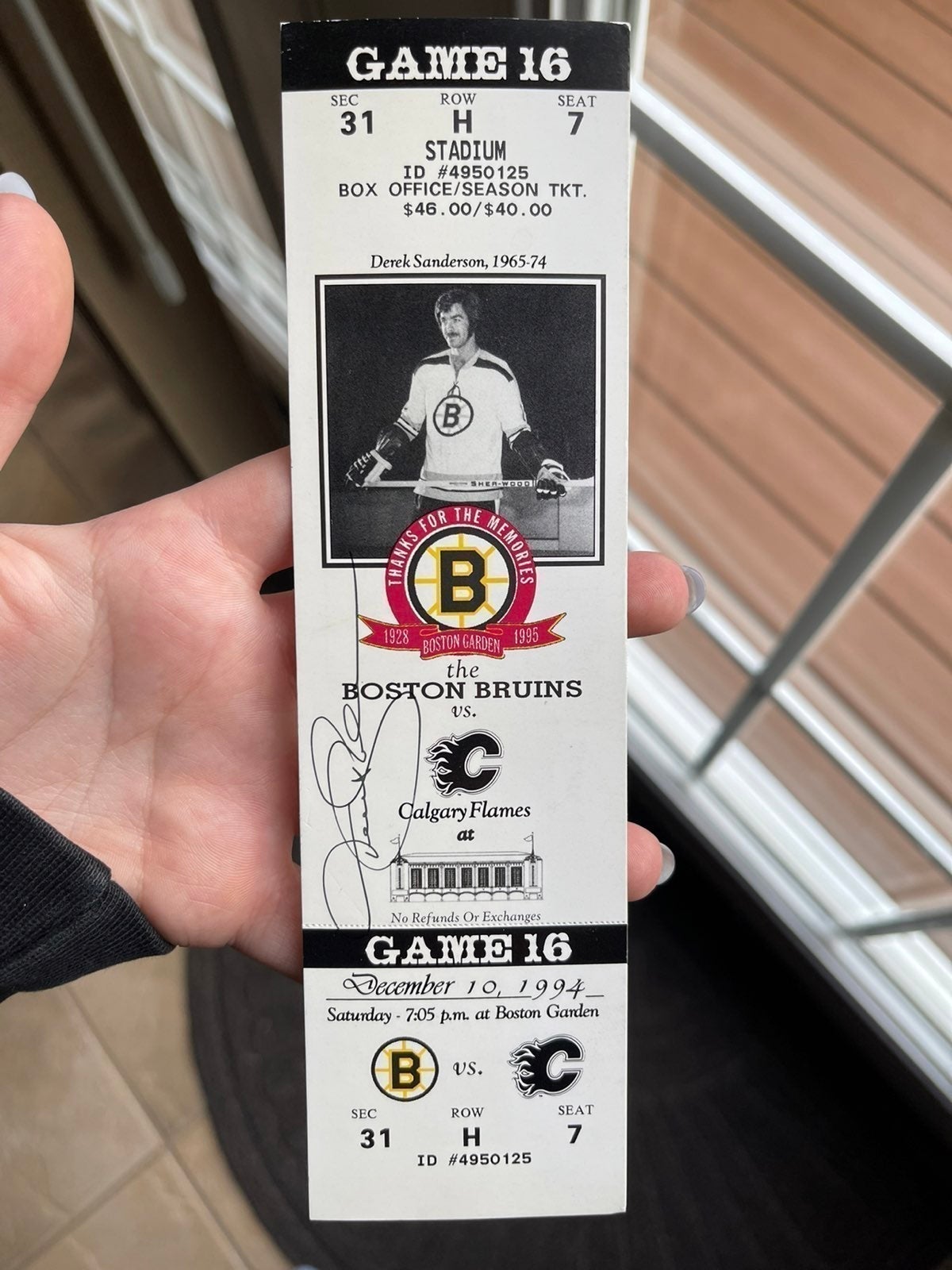 Derek Sanderson Signed Bruins Ticket