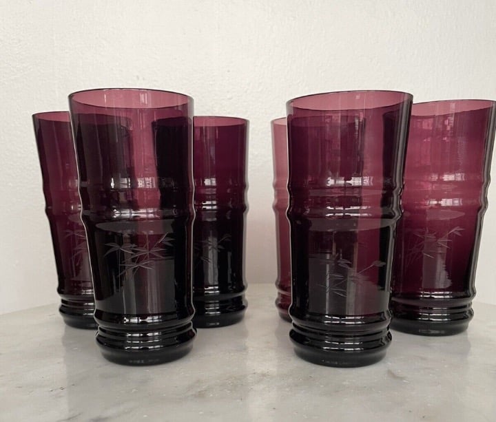 Vintage Set of 6 Amethyst Etched Bamboo Glass Highball Cocktail Glasses 5.5