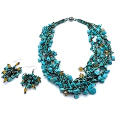 Genuine Blue Turquoise Beaded Bib Type Multi-strand Necklace and Earring Set