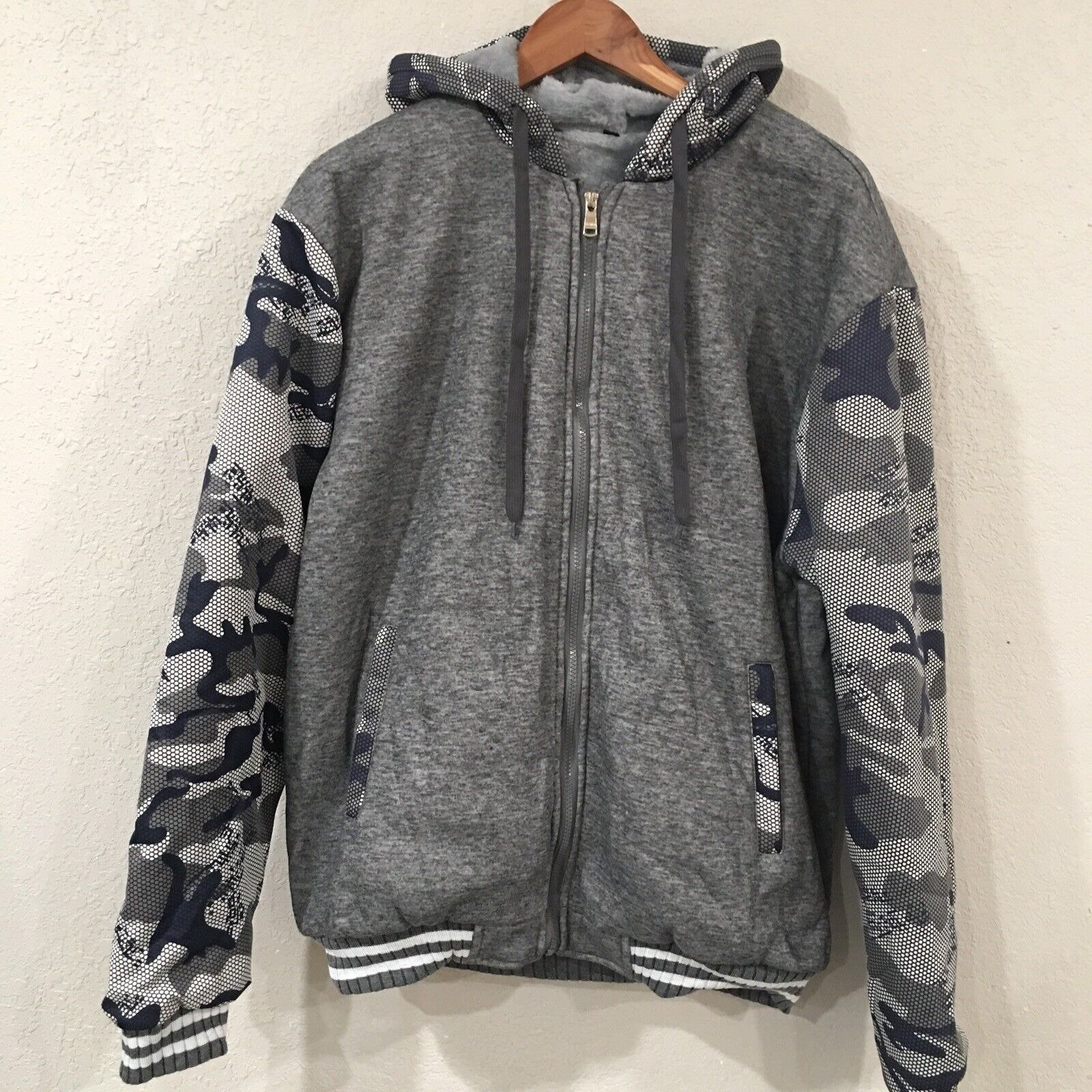 NEW MACHLAB Men L Coat Gray Camo Colorblock Faux Fur Lined Hoodie Zip Wool Heavy