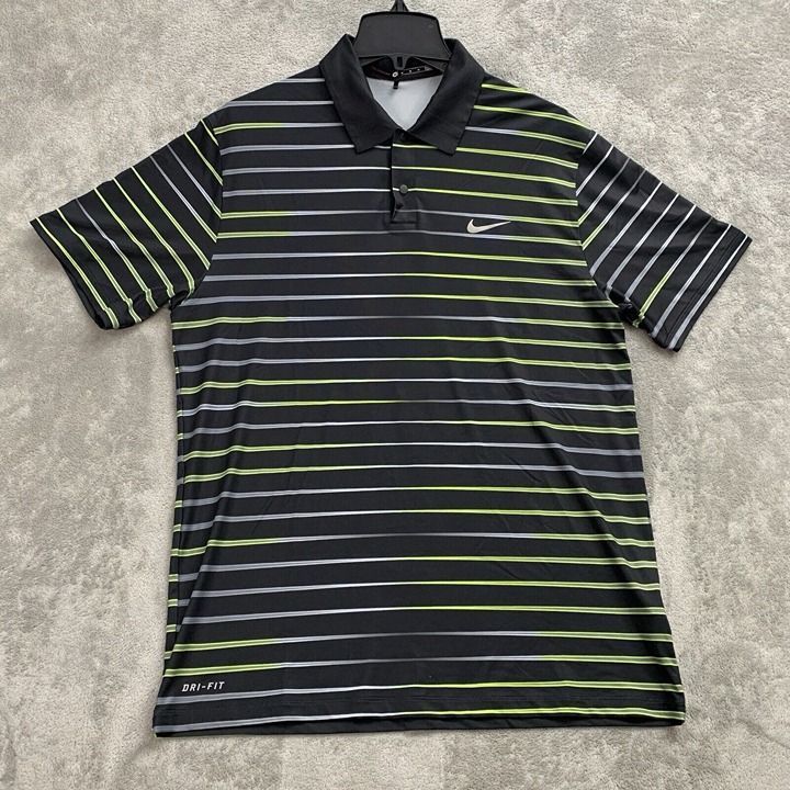 Nike Shirt Mens Medium Striped Black Tiger Woods Collection Golf Polo TW Dri-Fit