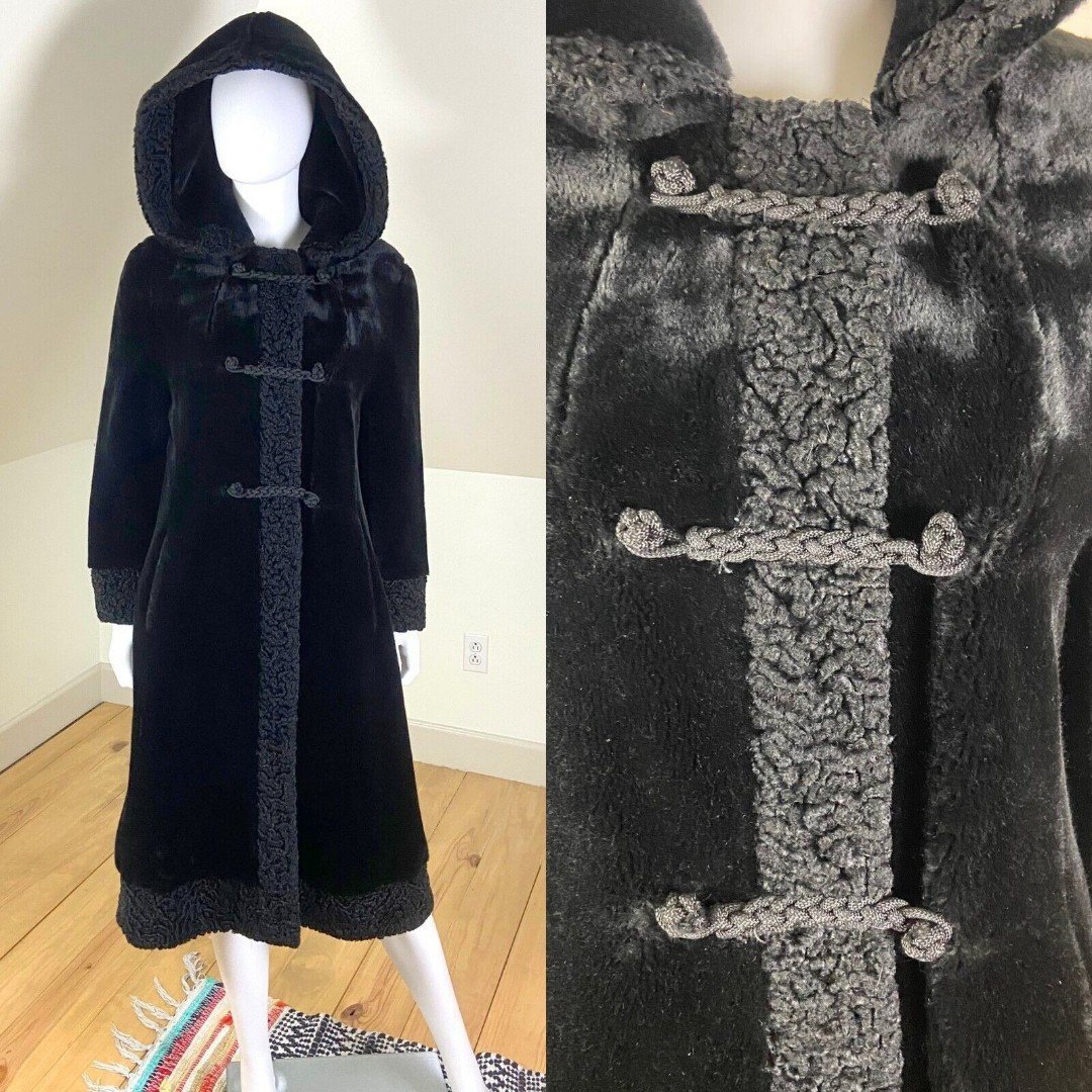 Vintage 70s Faux Persian Lamb Fur Hood Hooded Black Coat Full Length S Small