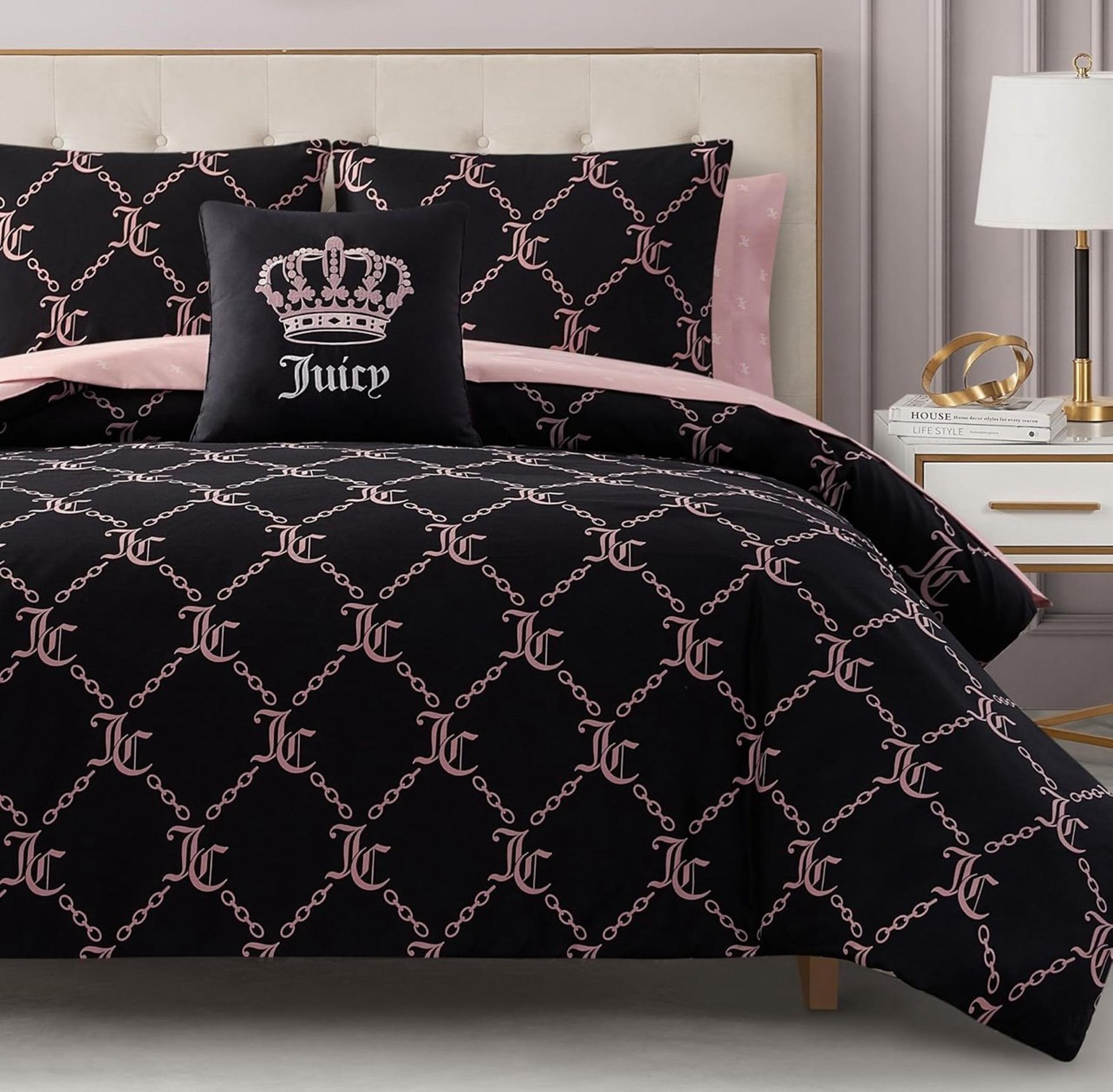 Juicy Couture Black Link Logo Printed Comforter Set, Queen – Complete 8-Piece
