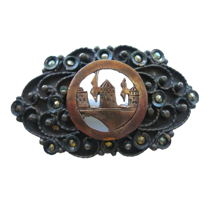 Unusual Antique 800 Silver and 9K Marcasite Brooch With Windmills