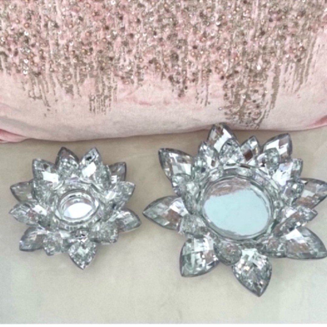 Set of 2 Silver and Clear Crystal Lotus Votive Candle Holder