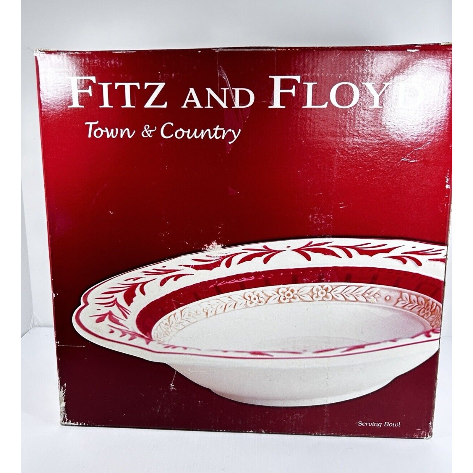 Fitz and Floyd Town & Country Pasta Large Serving Bowl W/Box Red White Tan 13