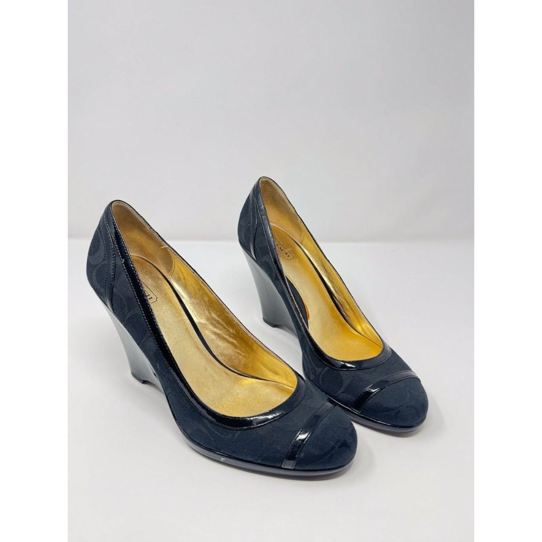 Coach Sandals Blue Leather Kerryann Signature Slip On Wedge Heel Pump US 10 B