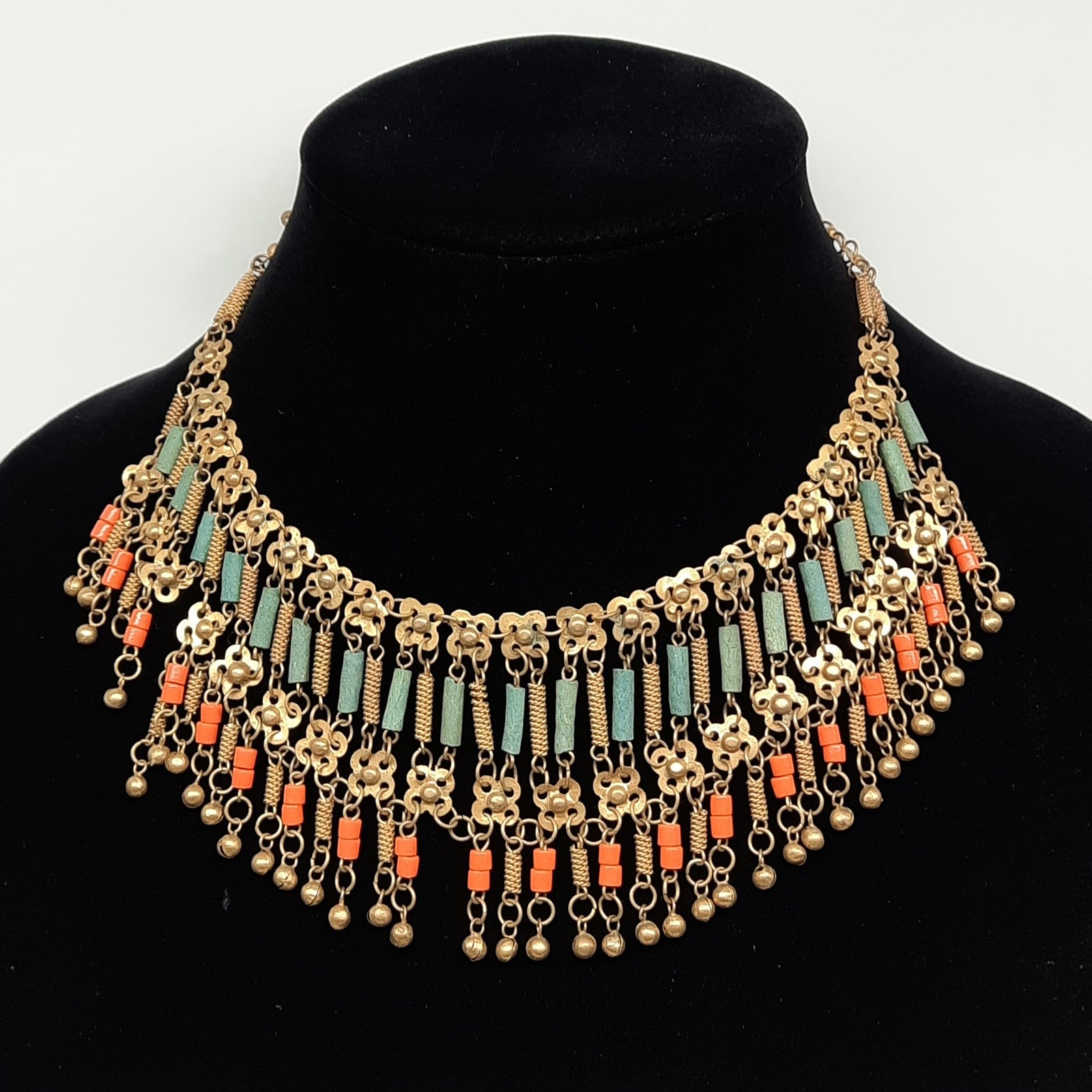 Vintage Egyptian revival beaded collar bib necklace A13