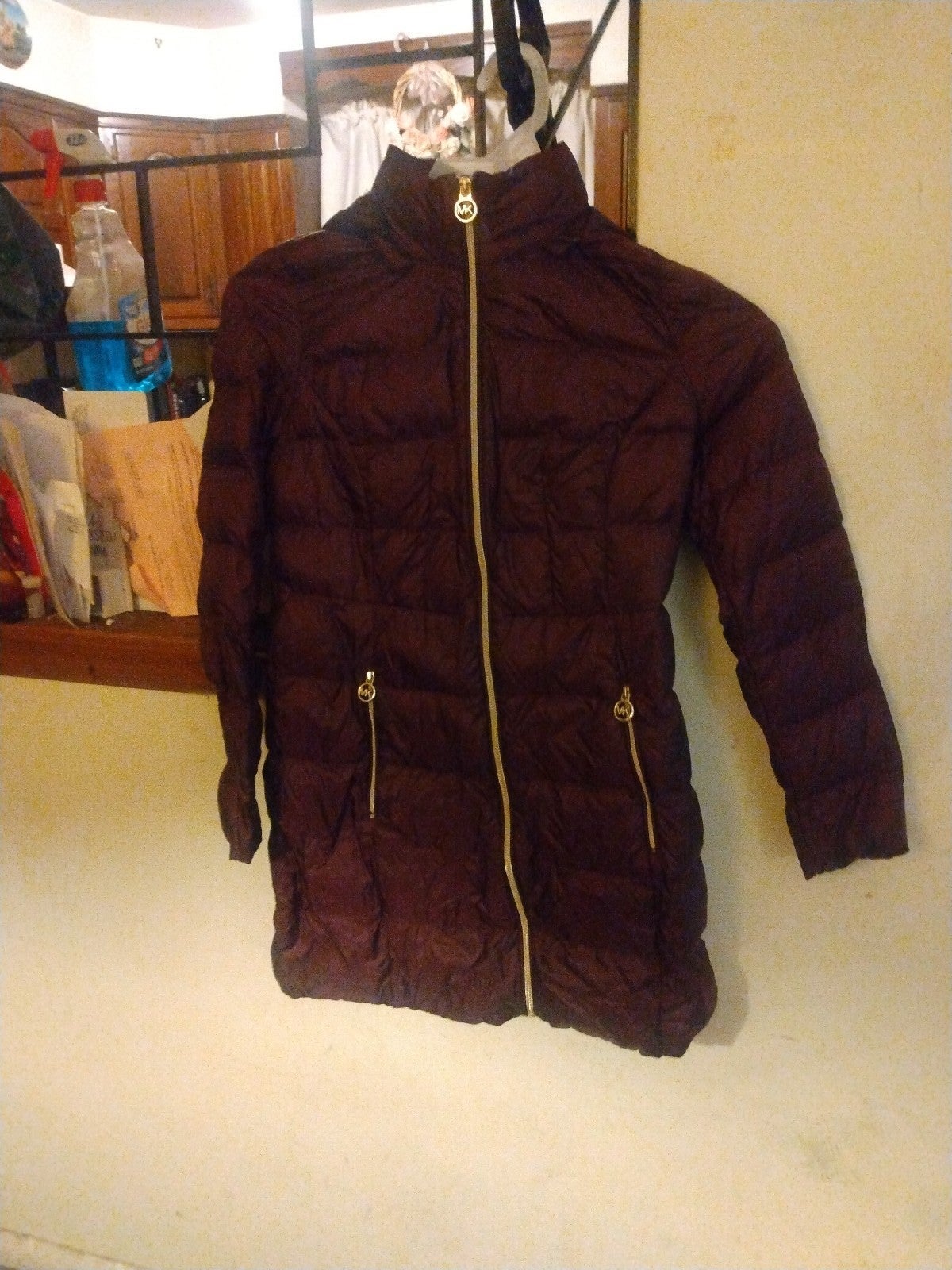 Michael Kors Long Gold Charm Maroon Puffer Coat Size Petite XSmall Like New