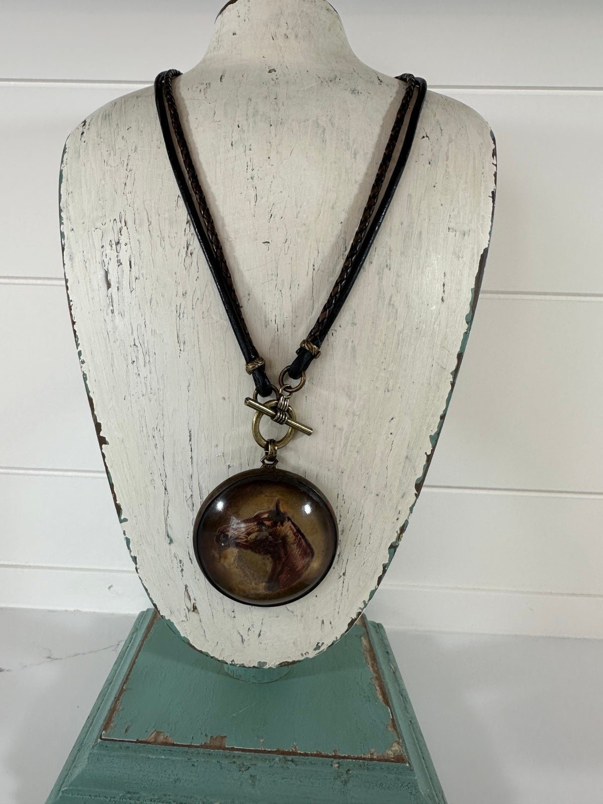 Antique/Vintage Bridle Rosette Necklace- Horse head with Goldish Background