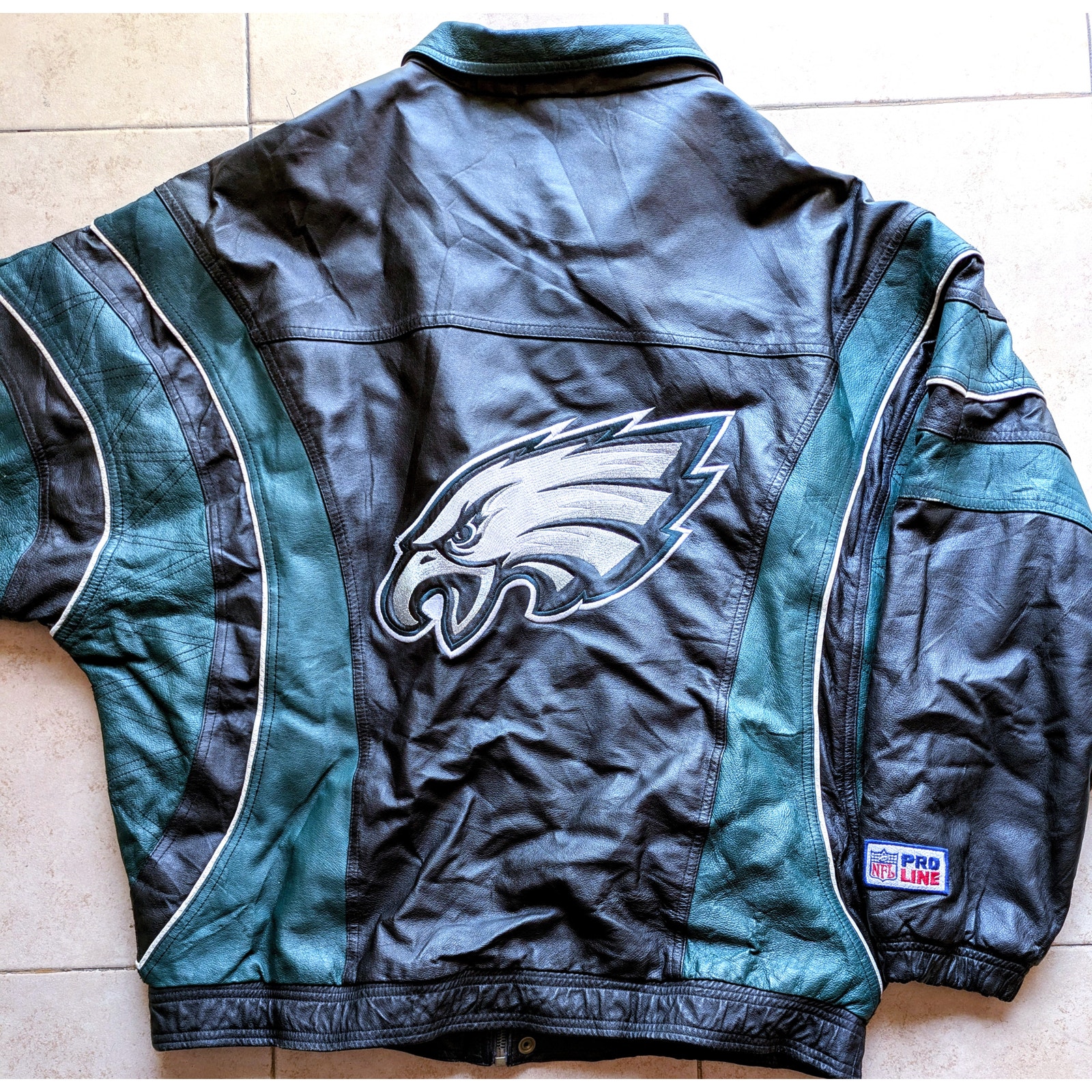 Philadelphia Eagles 90s STARTER bomber LEATHER jacket XL black midnight NFL vtg