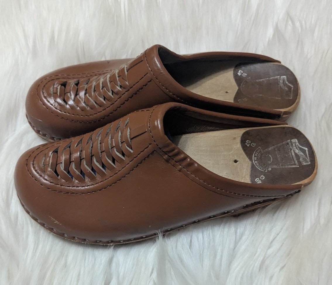 Bastad Troentorp Vtg Wright Shoes 39, 40, 8.5, 9 Braided Leather Clogs Swedish