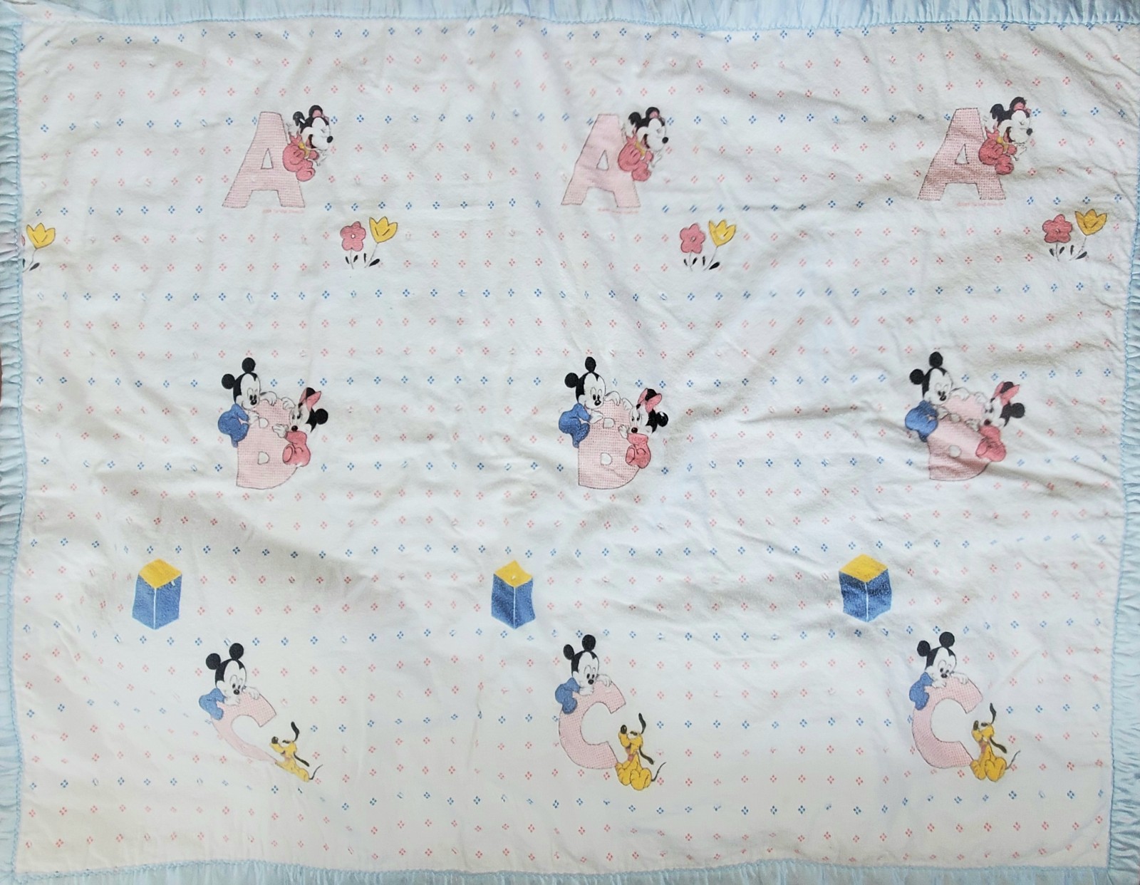 Vintage Walt Disney Baby Mickey Minnie Mouse Double Sided Handmade Baby Blanket