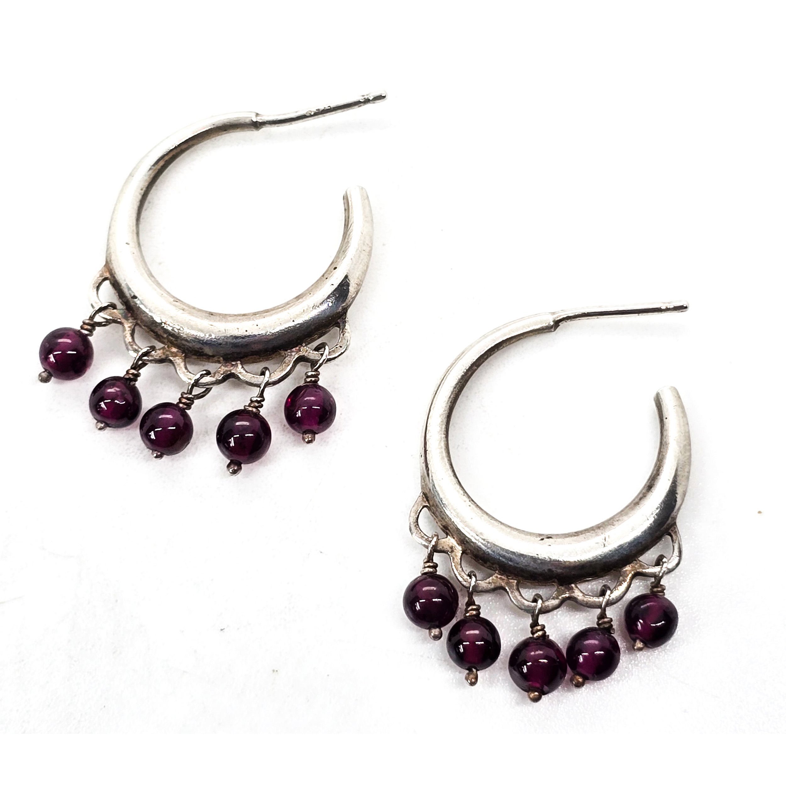 Garnet red gemstone beaded sterling silver drop vintage hoop earrings