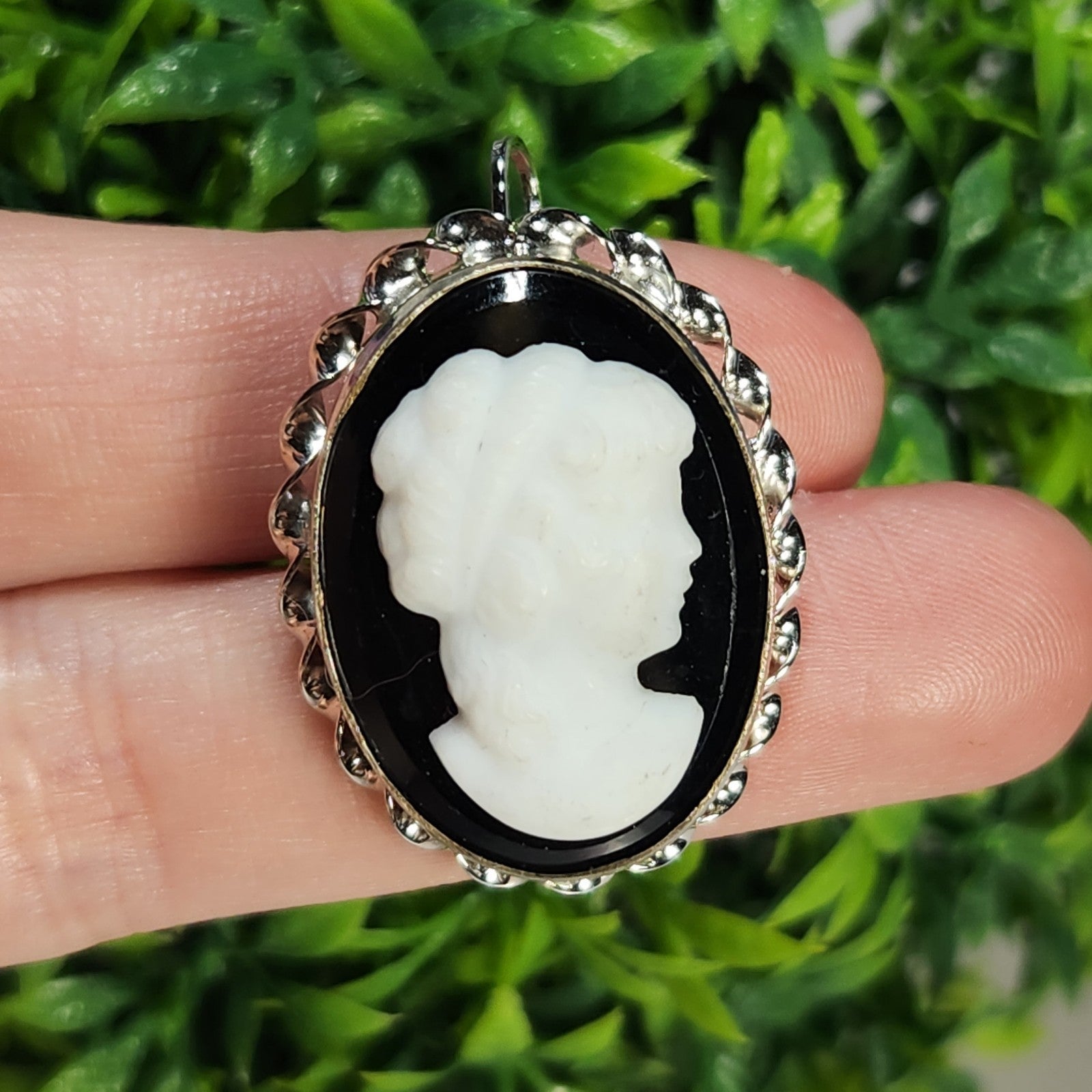 925 Sterling Silver Black Cameo Brooch Pin and Pendant