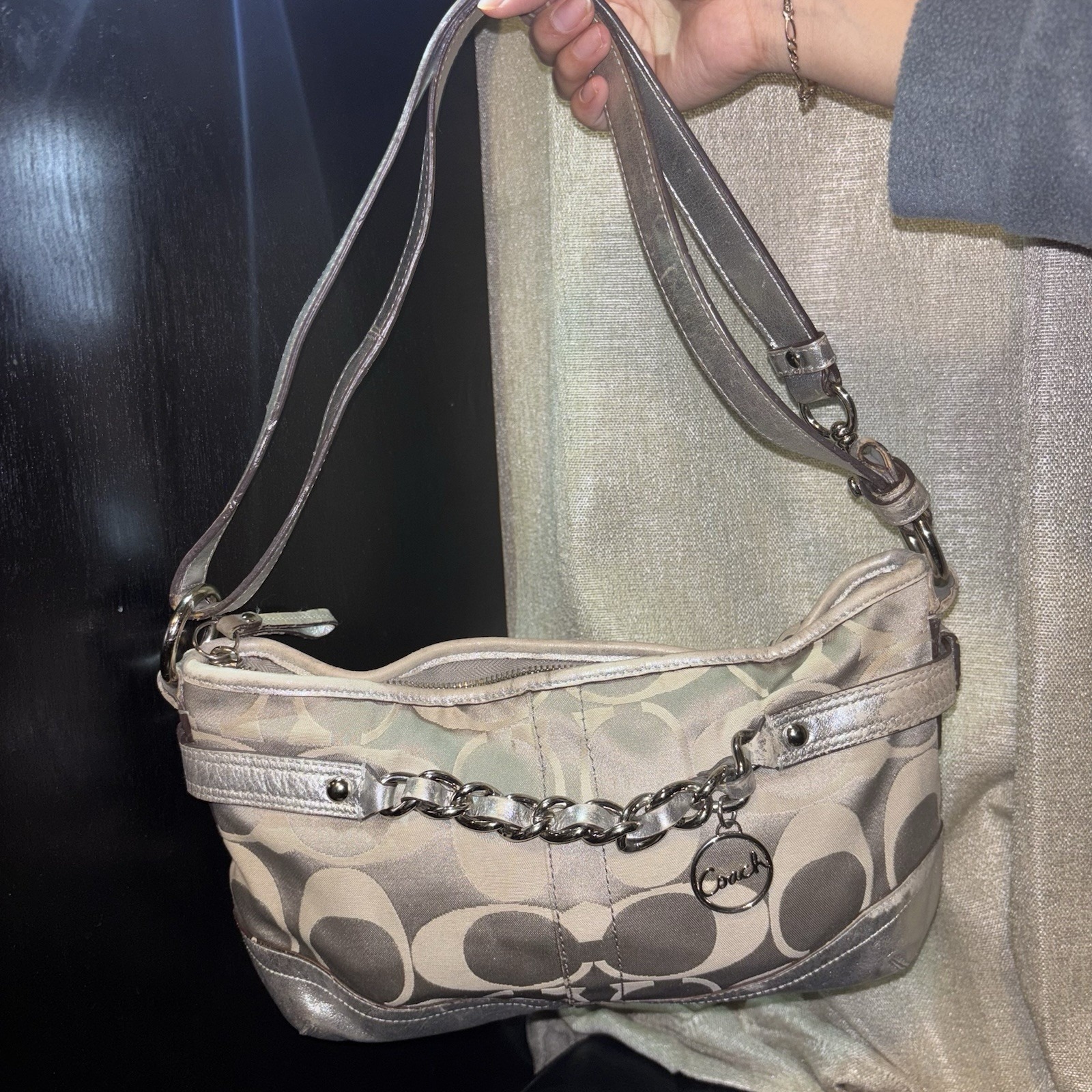 vtg COACH Metallic Silver Signature Hobo Bag Chain Charm Purse Y2K