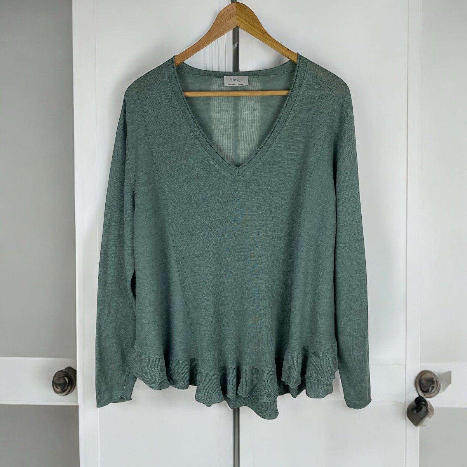 Wrap London Linen Knit Lightweight Top Sweater Women’s Size 14 Green Pullover