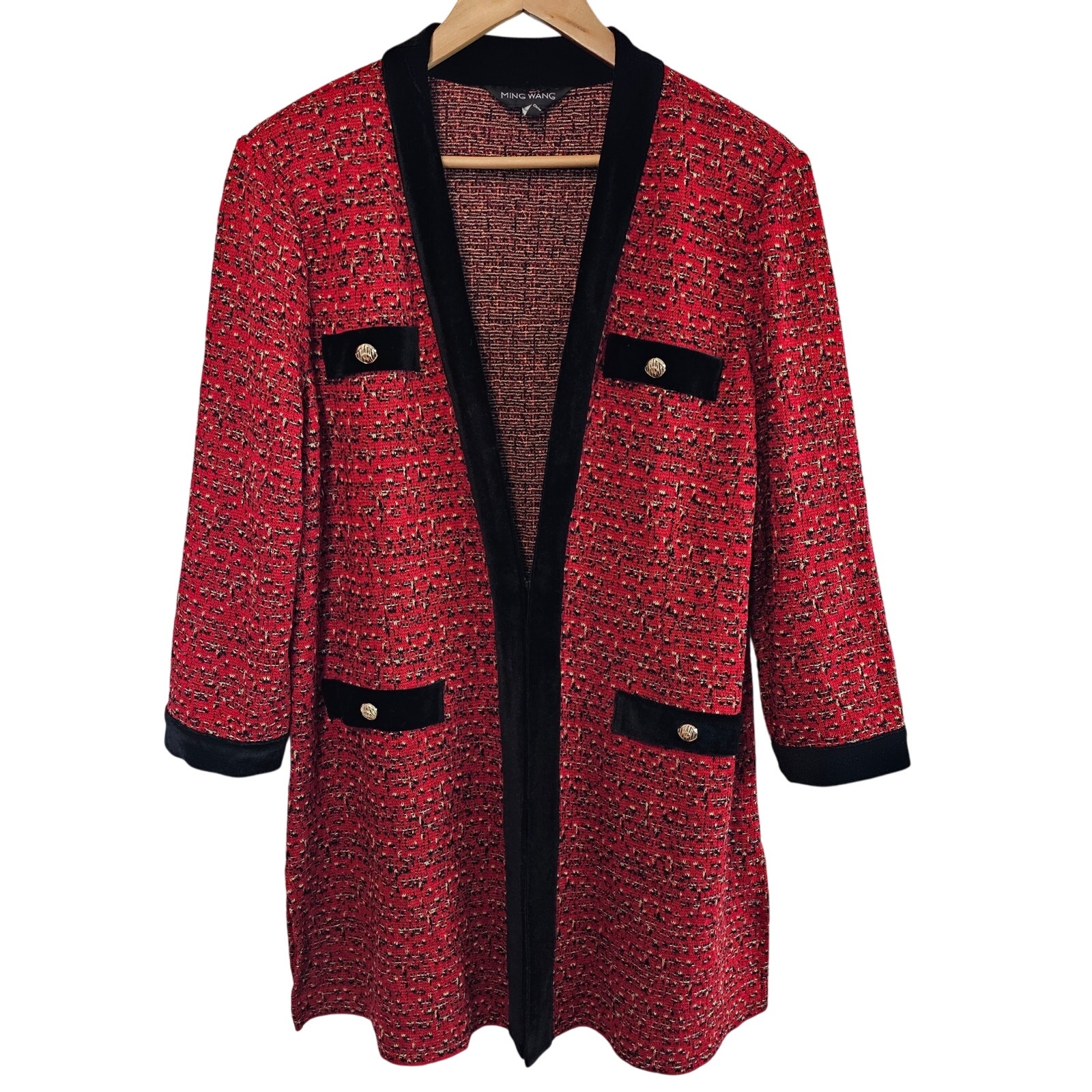 Ming Wang Velvet Embellished Tweed Jacket Womens Large Red Black Knit Luxury