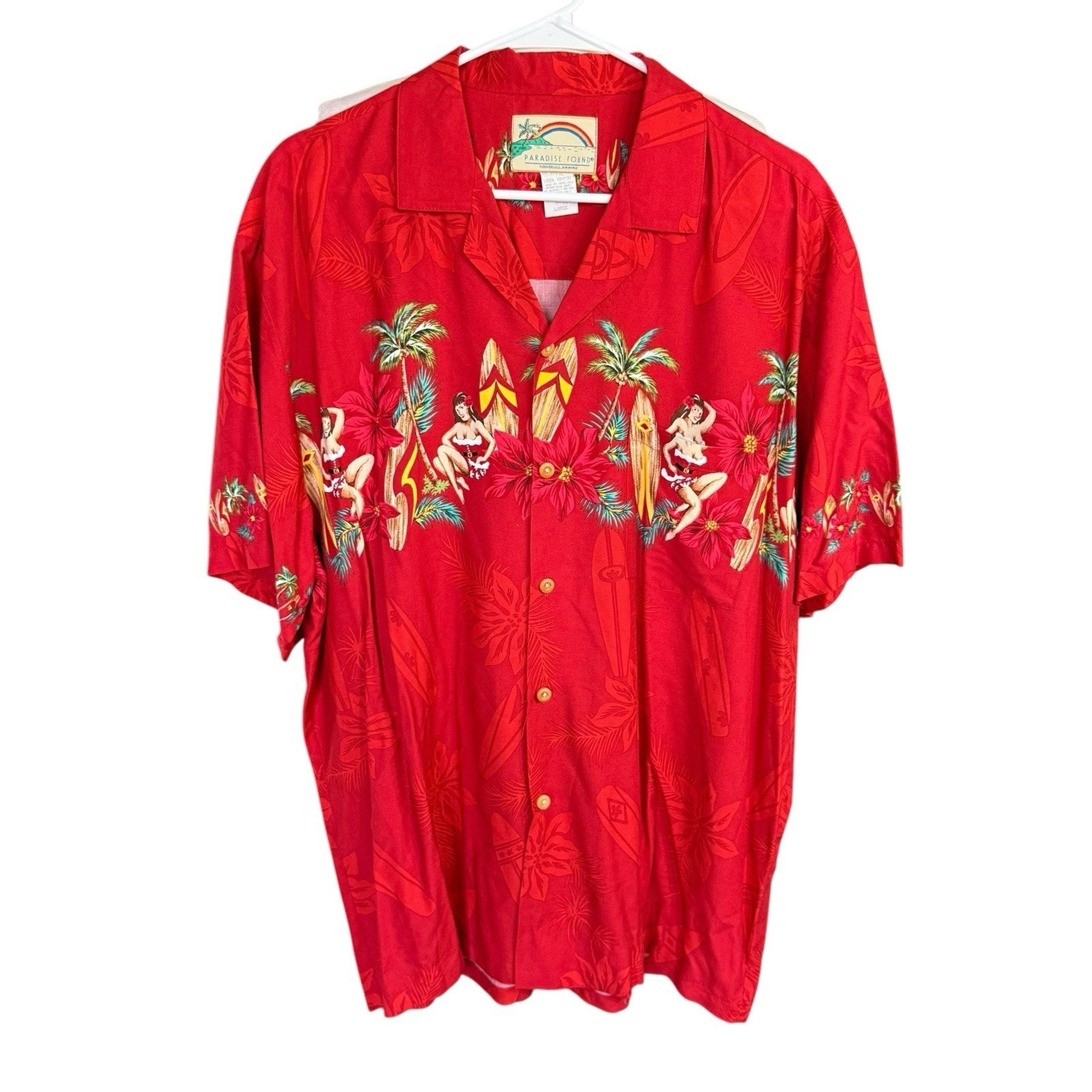 Paradise Found Men's Hawaiian Christmas Theme Shirt Red L Short Sleeves