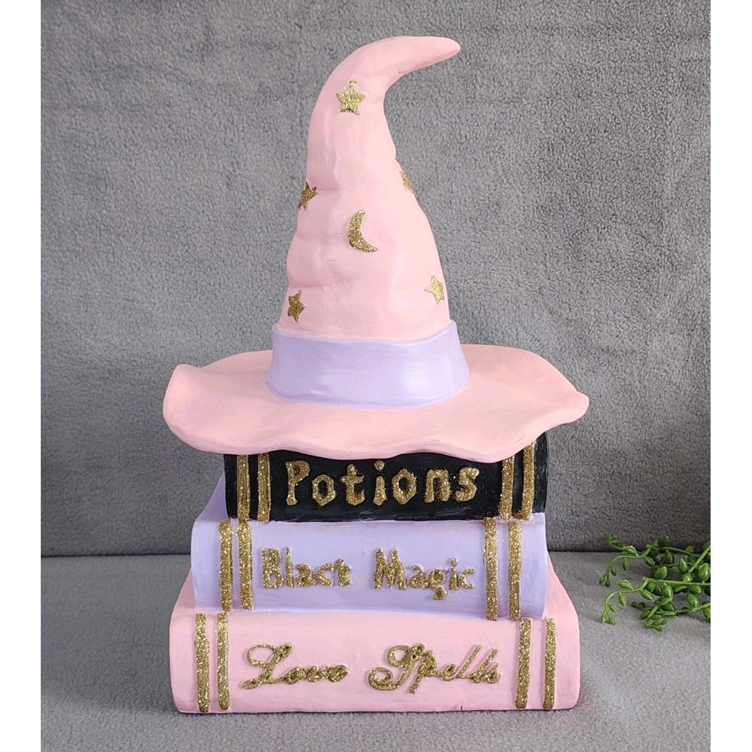 Pink Witch Hat On Potion Books Tabletop Resin Figure Decor Halloween Prop 12.5"