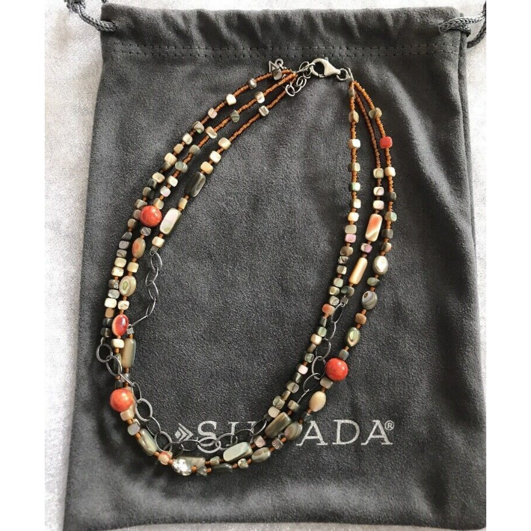 Silpada Fiesta Fun Coral Abalone 3 Strand 925 Sterling Silver Necklace N1563
