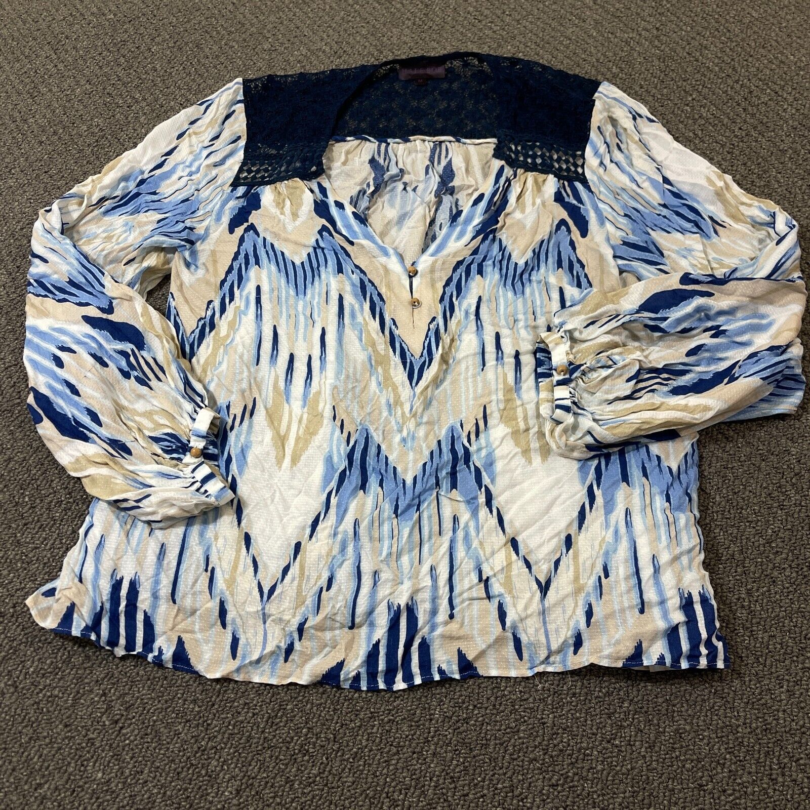 Hale Bob Top Womens Size Medium Aztec Lace Collar Whimsical Tunic Puff Sleeve