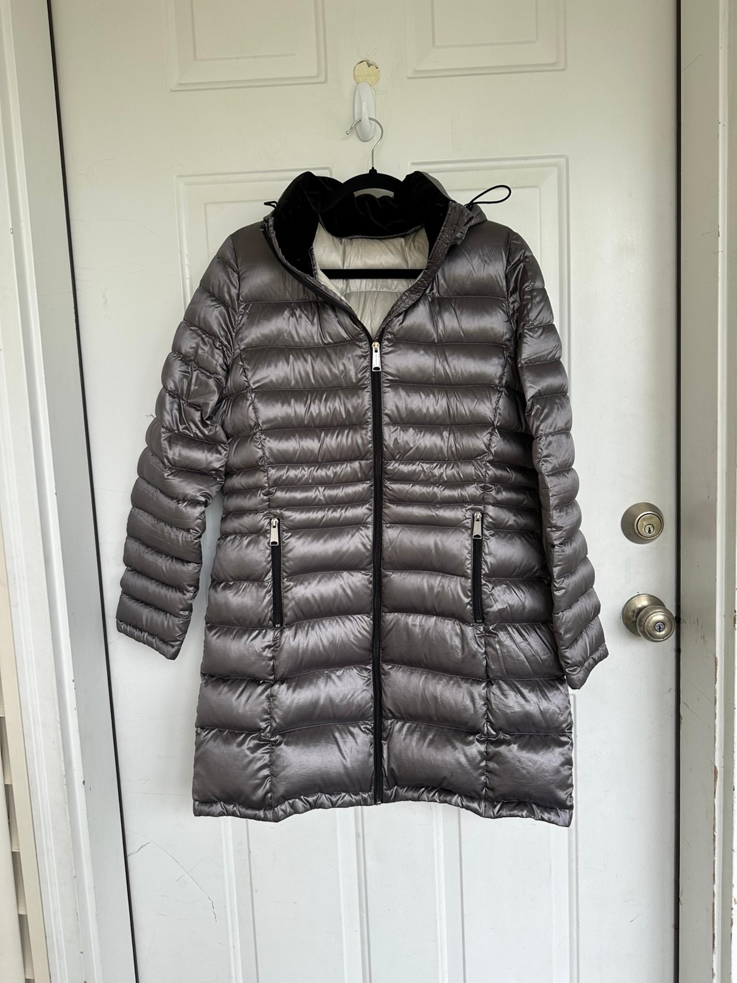 Andrew Marc Womens Silver Long Sleeve Hooded Puffer Jacket Coat Size Medium