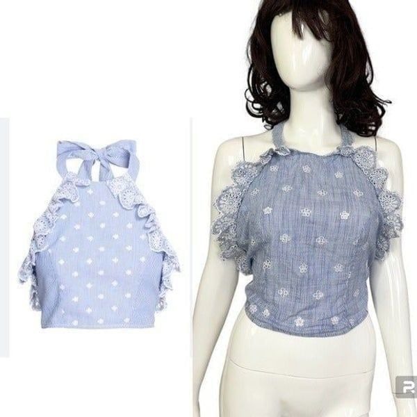Romeo & Juliet couture Y2K blue striped embroidered ruffled halterneck top M