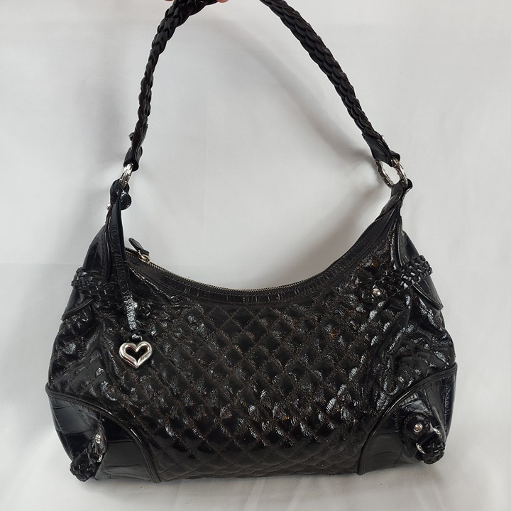 Brighton Black Quilted Leather Braided Trim Large Shoulder Bag Braided Strap