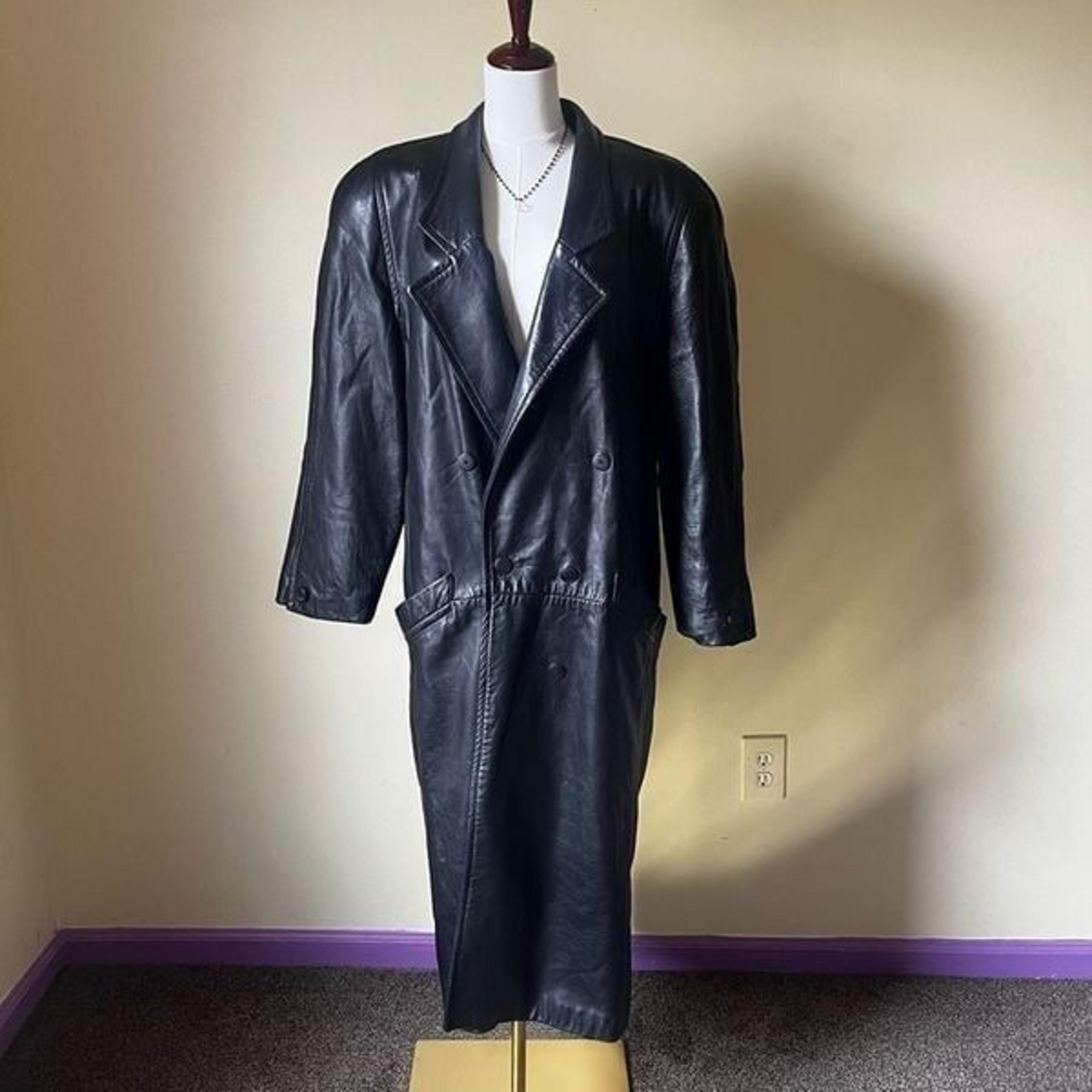 Vintage Long Leather Trench Coat Black Buttery Soft Big Shoulder Pads Women’s 10