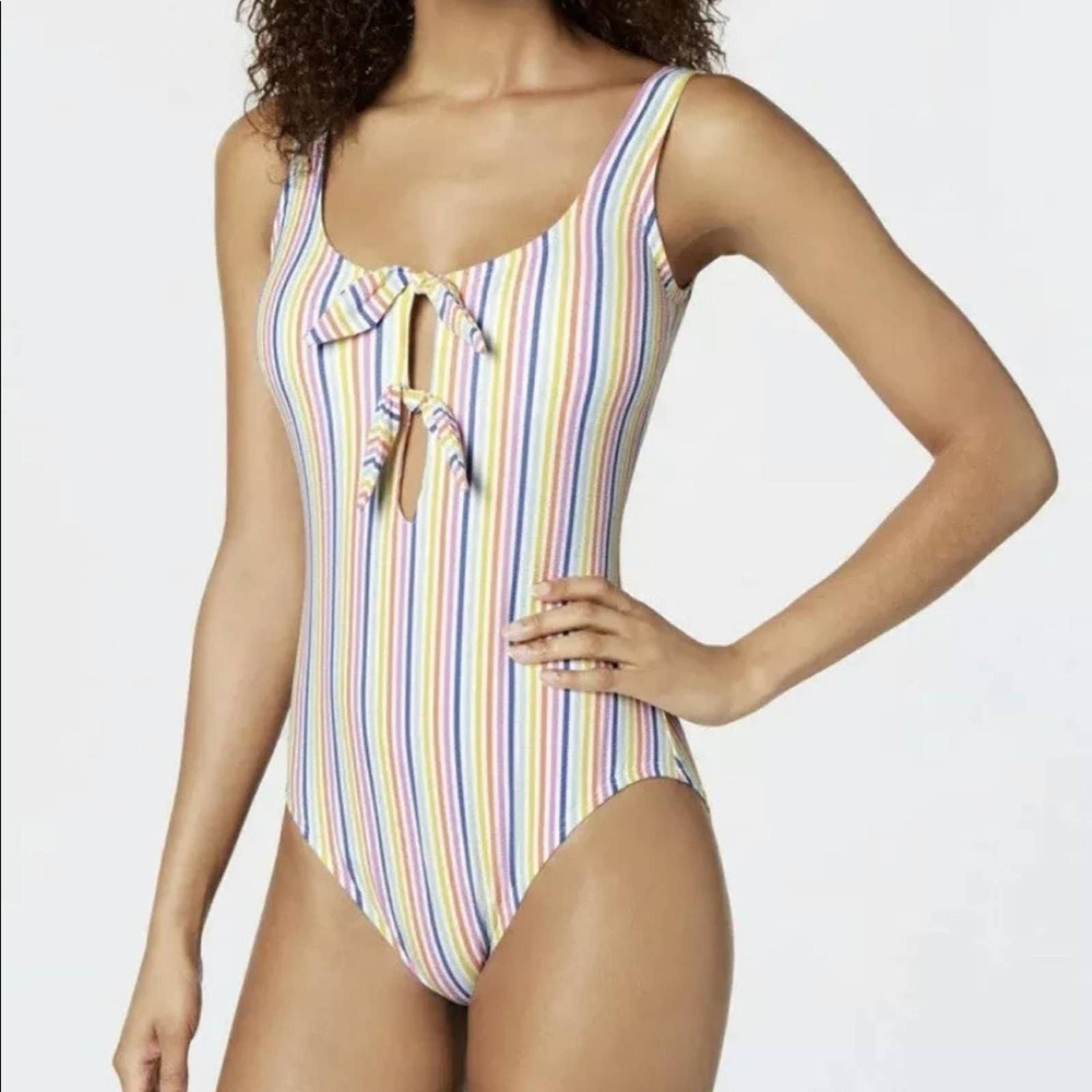 $150 NWT KATE SPADE BEACH STRIPE PRINT TIED ONE PIECE BATHING SUIT SIZE L-