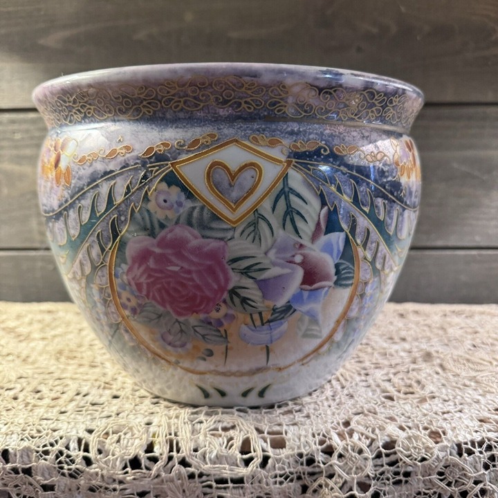 Vintage Chinese Asian Porcelain Bowl Pot Floral Rose, Koi Pond
