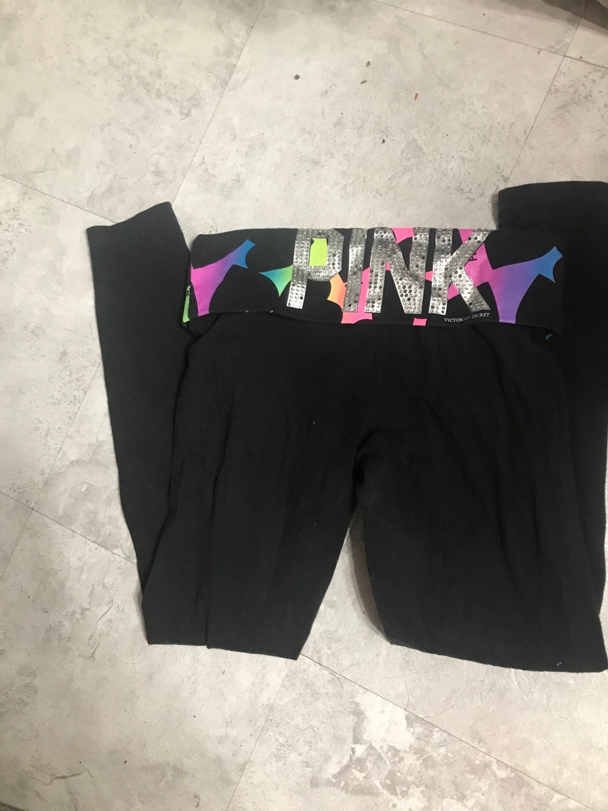 PINK-VS Multi color fold-over Leggings with bling & black hearts