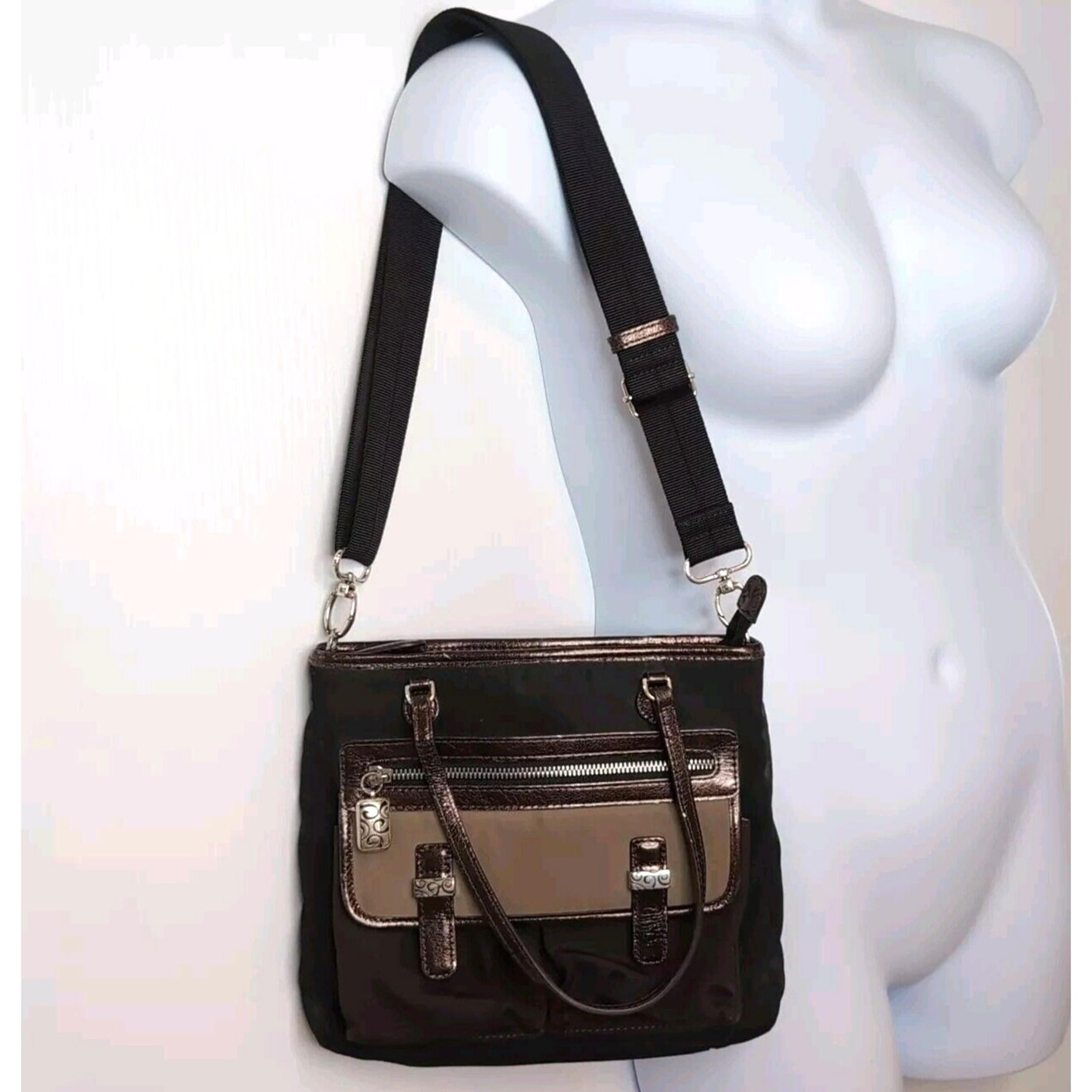 Brighton Nylon Crossbody Bag Purse Black Brown Tan Pockets Adjustable Strap