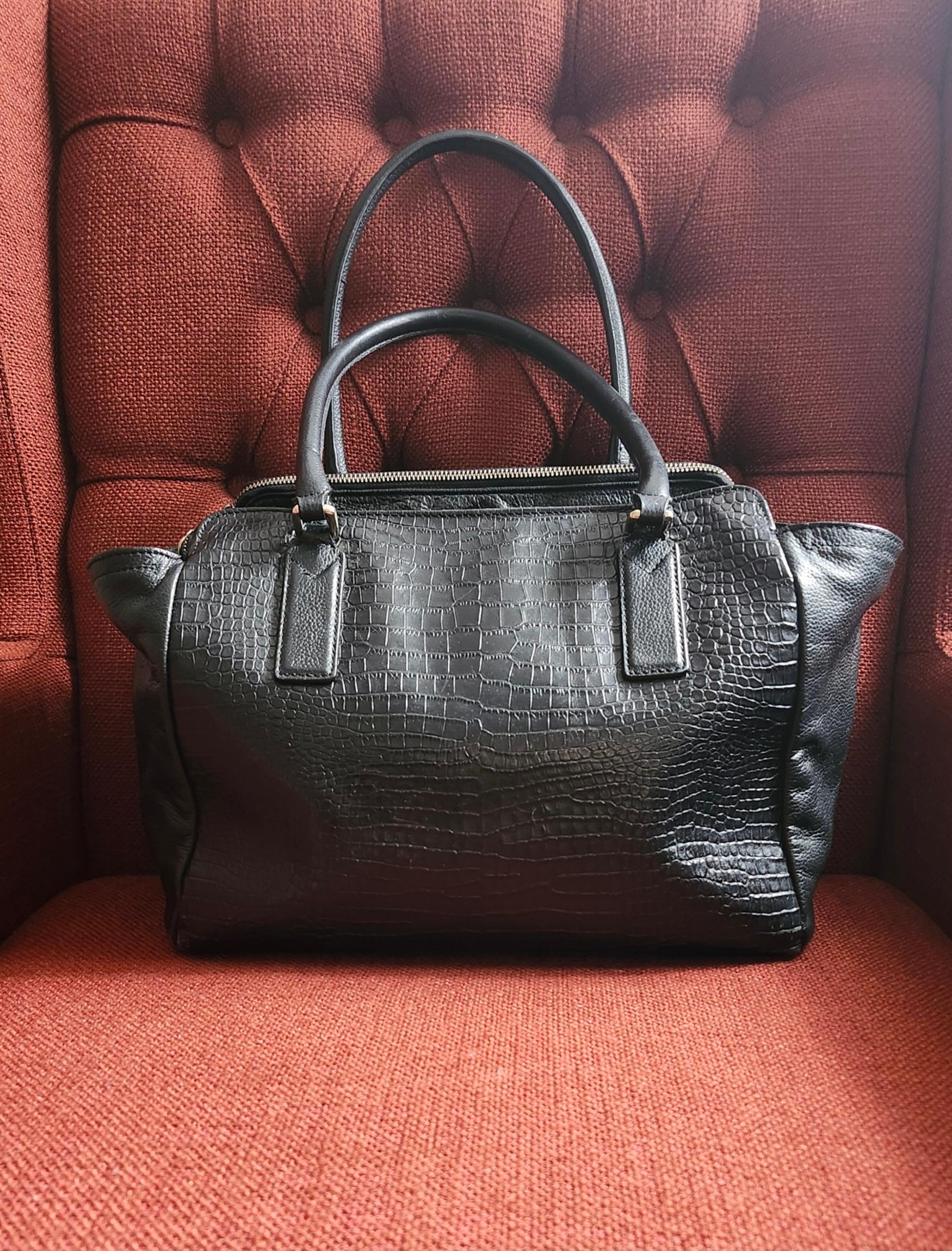 Banana Republic MacKenzie Reptilian Design Leather Double zip Satchel Color:Blac