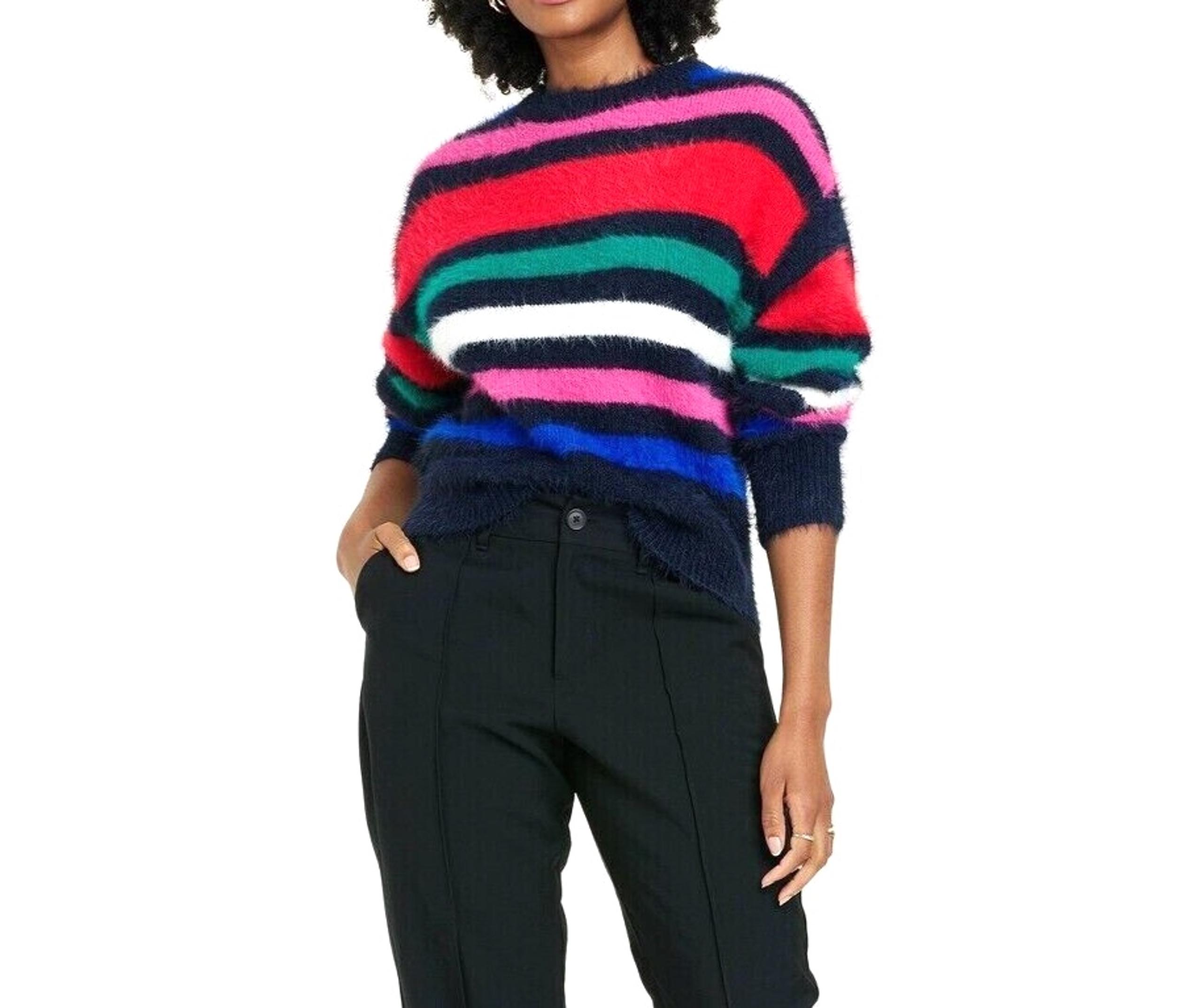 Women's Crew-Neck Fuzzy Pull-Over Sweater ~ A New Day Striped medium