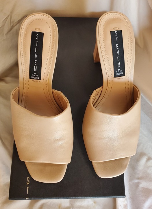 Jensen Nude Leather Peep-Toe Mules Womens Sz 7 Heels Shoes